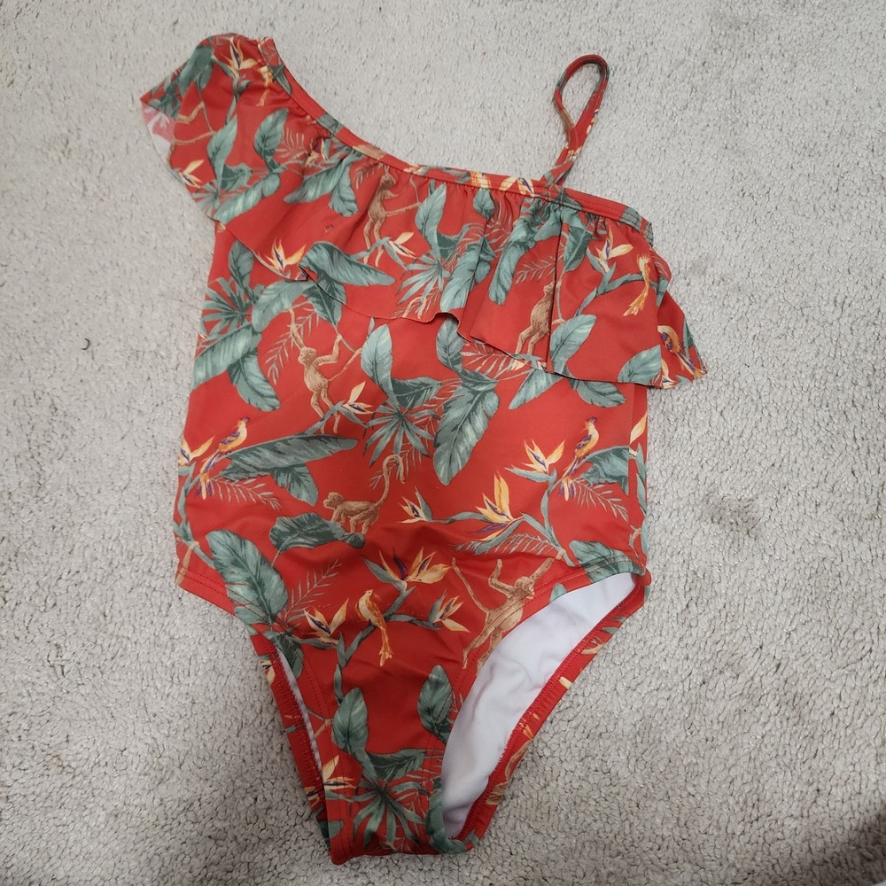 Janie and Jack Girls Swimsuit Size 5 One Shoulder Ruffle‎ Monkey Floral Red